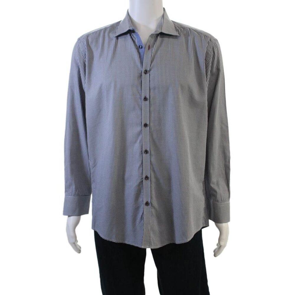 Sand Mens Spread Collar Check Cotton Button-Up Long Sleeve Blue Size 43